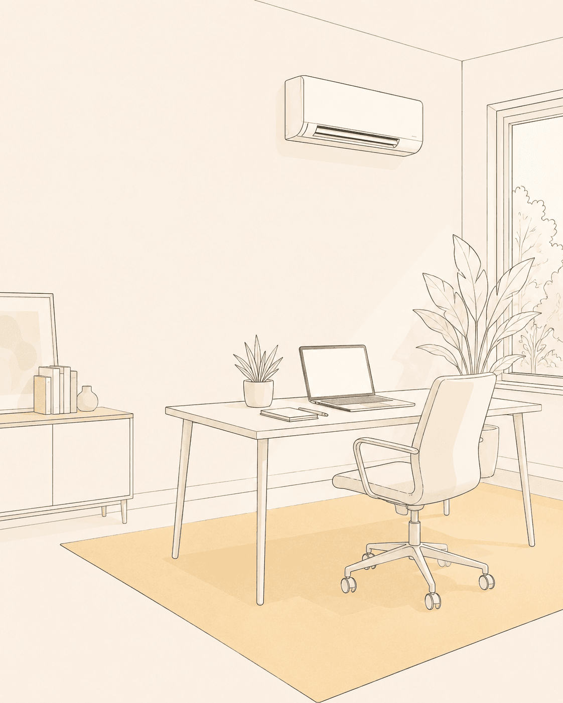 Thuiskantoor met airco boven een bureau