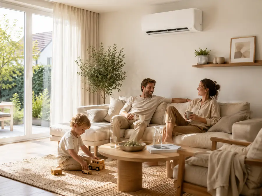 Gezin ontspant in woonkamer met airco